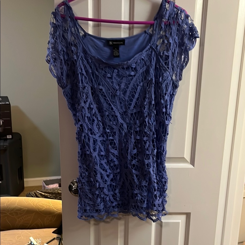 INC International Concepts Blue Lace Front Cotton Blouse